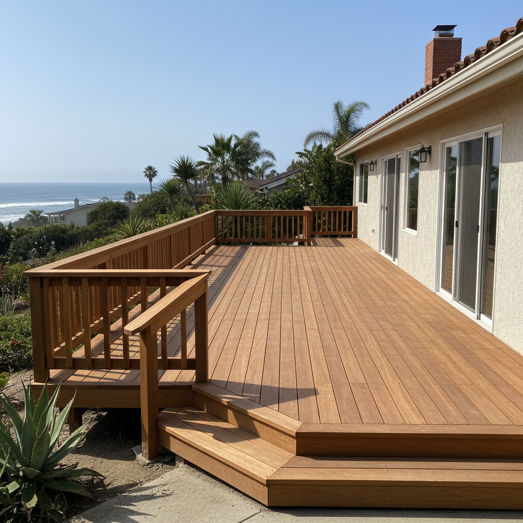 Completed wooden decks work at a residential property in Oceanside, CA