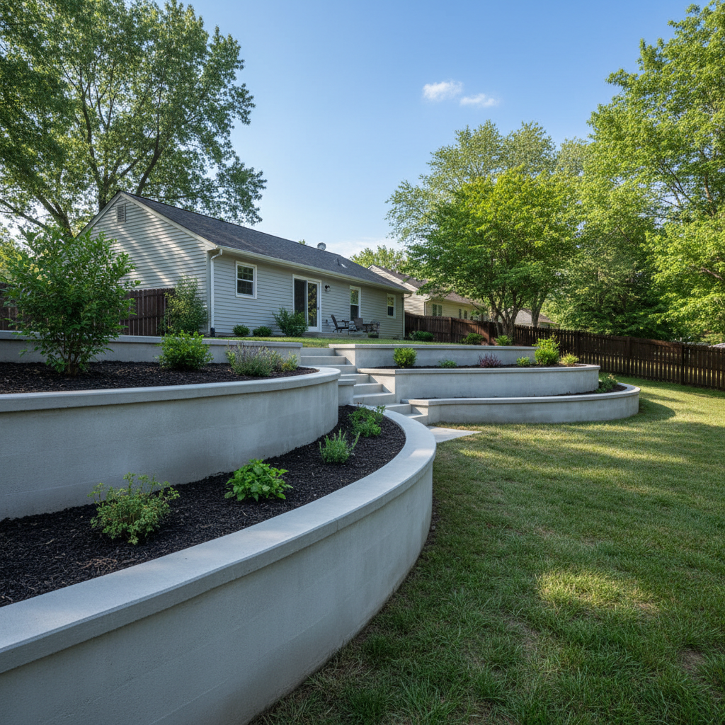 Completed concrete retaining walls work at a residential property in Kansas City, MO