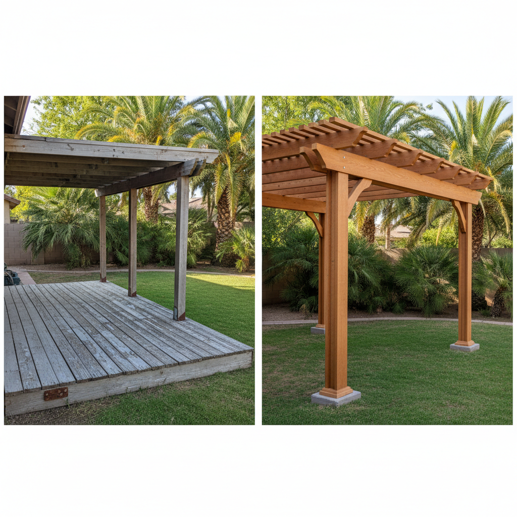 Completed pergola construction work at a residential property in Peoria, AZ
