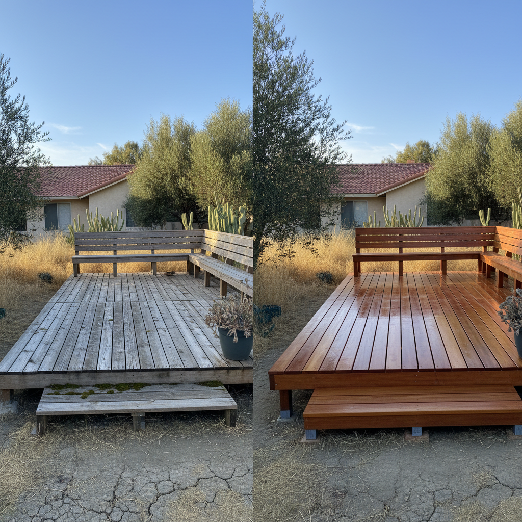 Completed deck construction work at a residential property in Fresno, CA