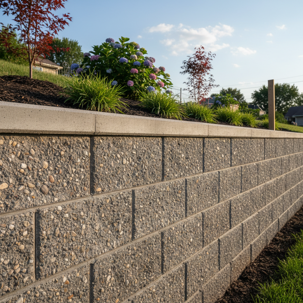 Completed concrete retaining walls work at a residential property in Kansas City, MO