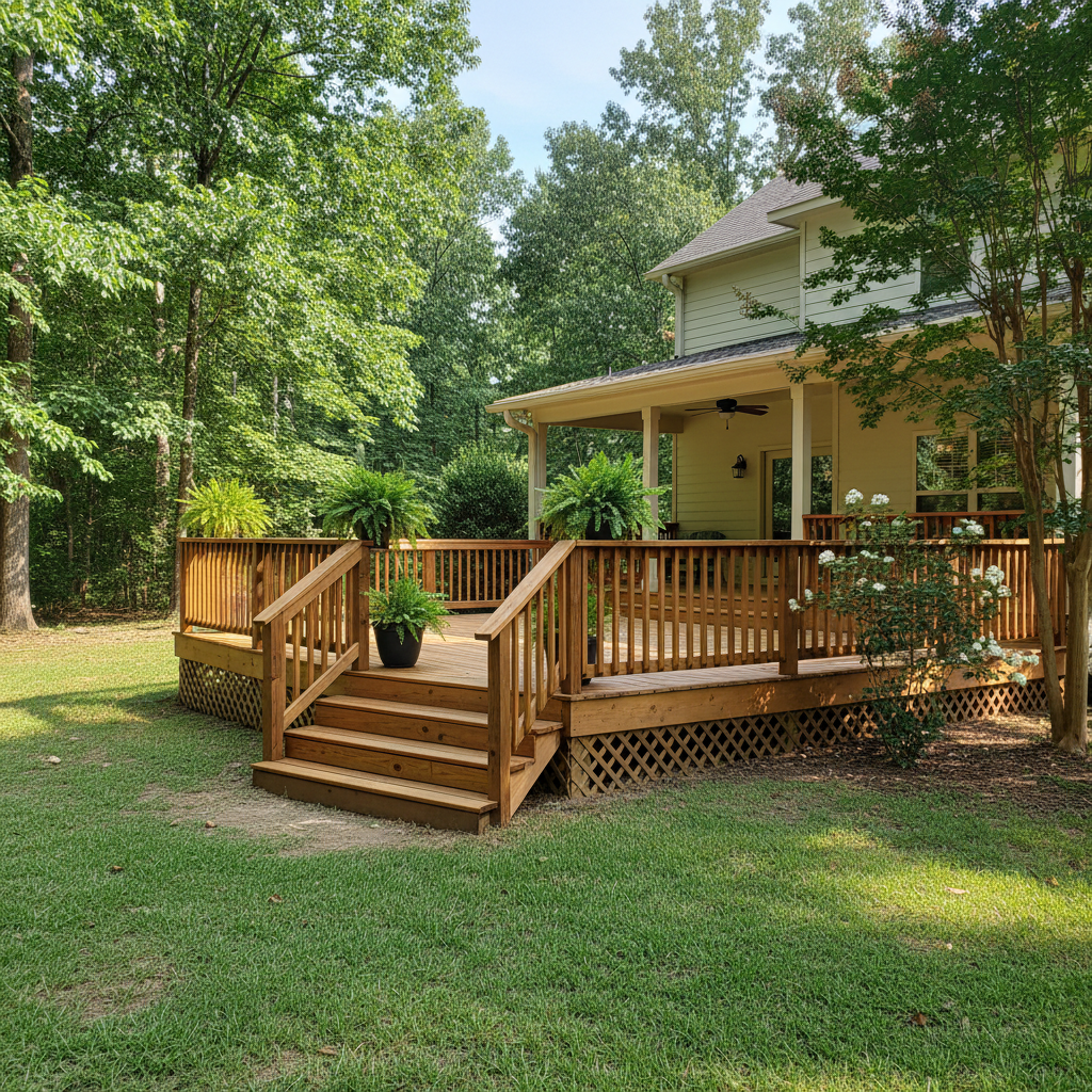 Completed wooden decks work at a residential property in Clio, AL