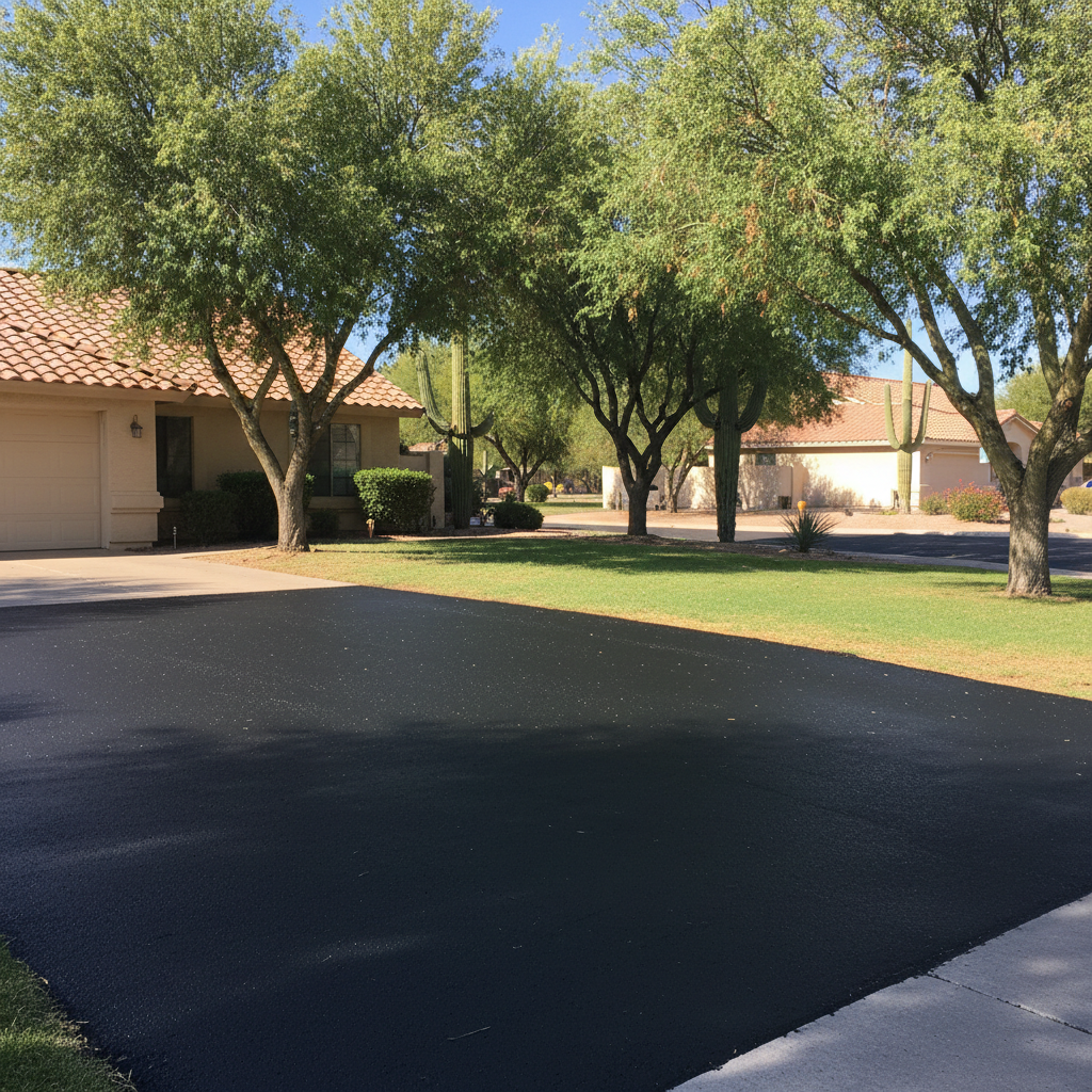 Completed asphalt sealcoating work at a residential property in El Mirage, AZ