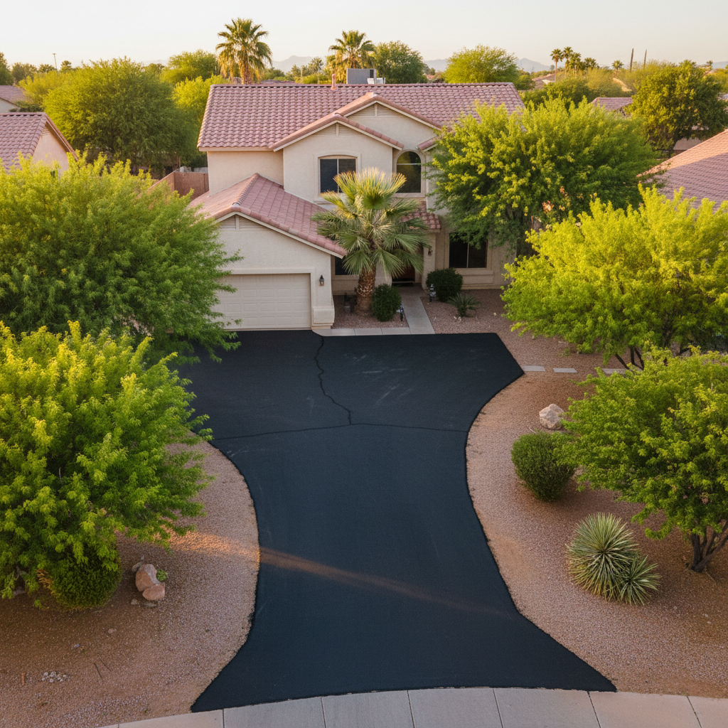 Completed asphalt repair work at a residential property in El Mirage, AZ