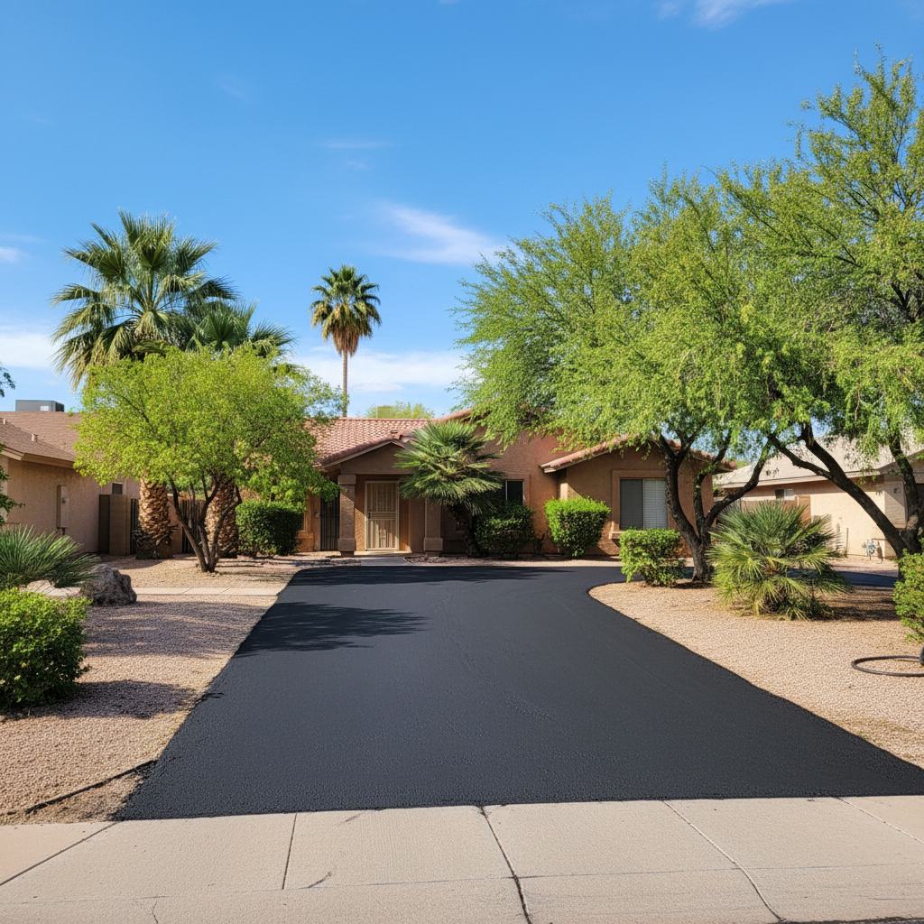 Completed asphalt sealcoating work at a residential property in Mesa, AZ