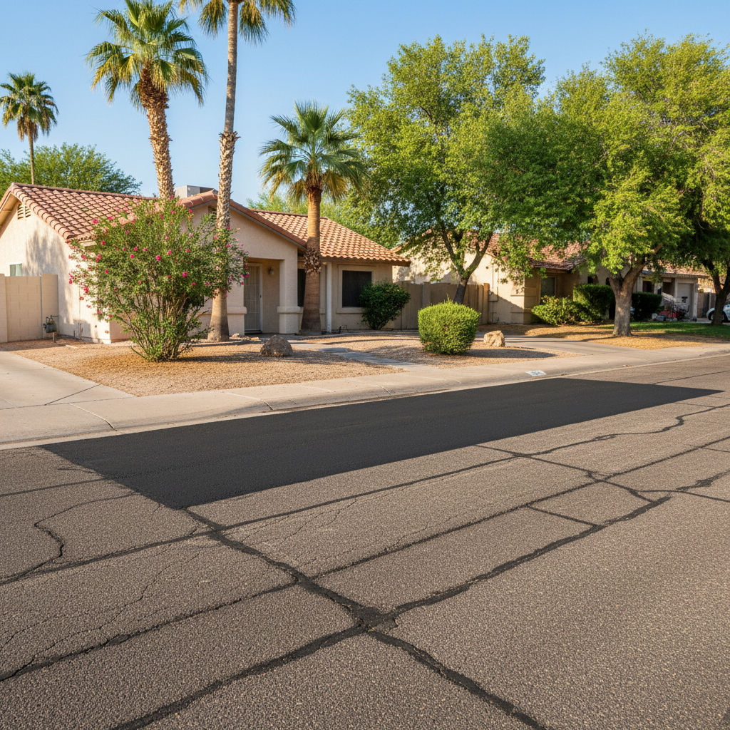 Completed asphalt patching work at a residential property in Phoenix, AZ