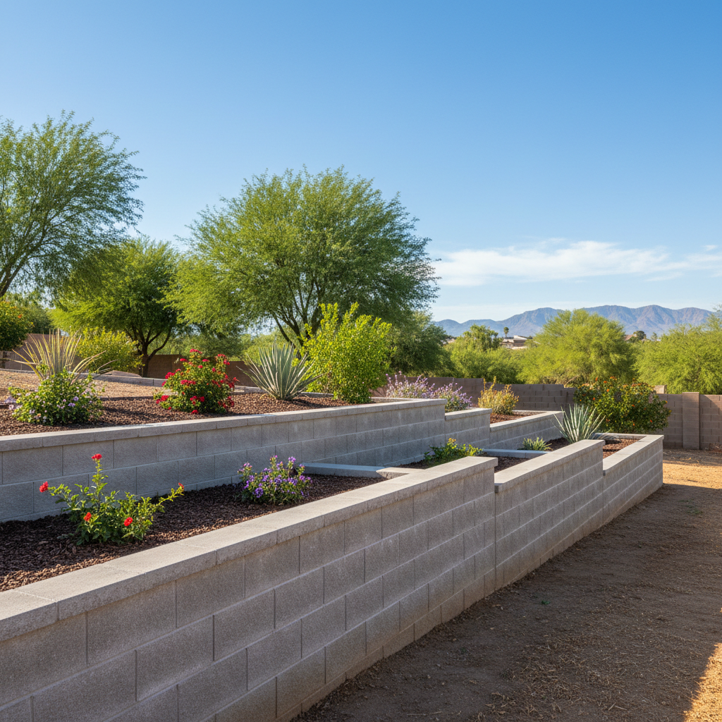 Completed concrete retaining walls work at a residential property in Avondale, AZ