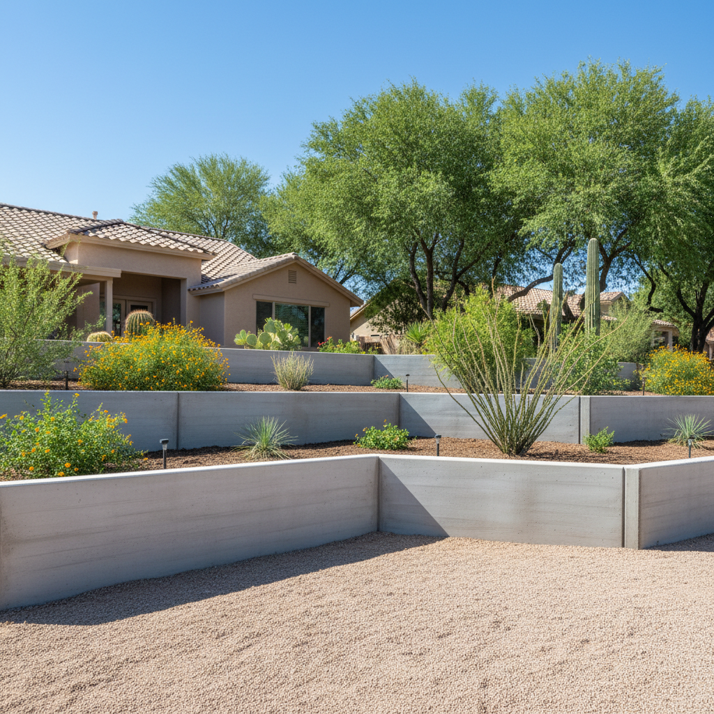 Completed concrete retaining walls work at a residential property in Avondale, AZ
