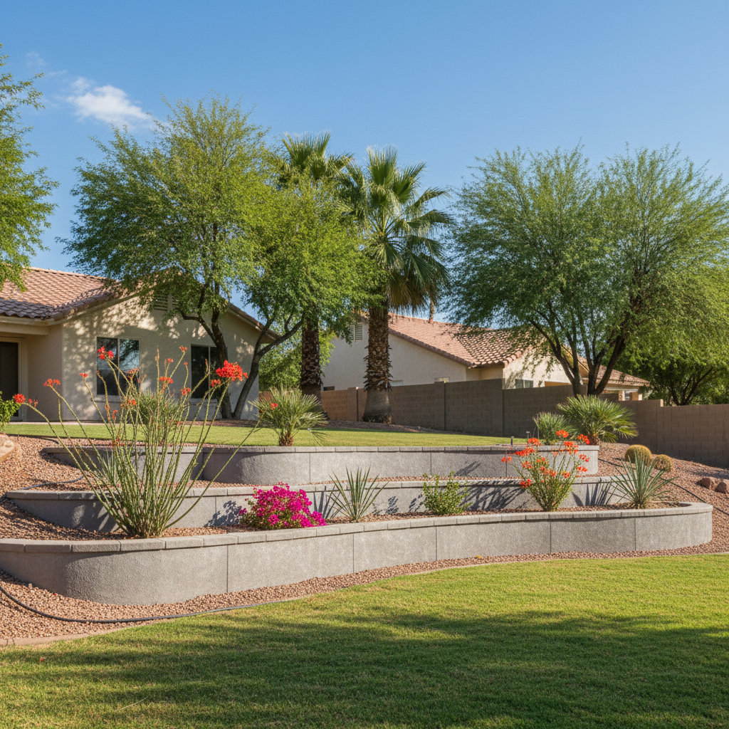 Completed concrete retaining walls work at a residential property in Glendale, AZ