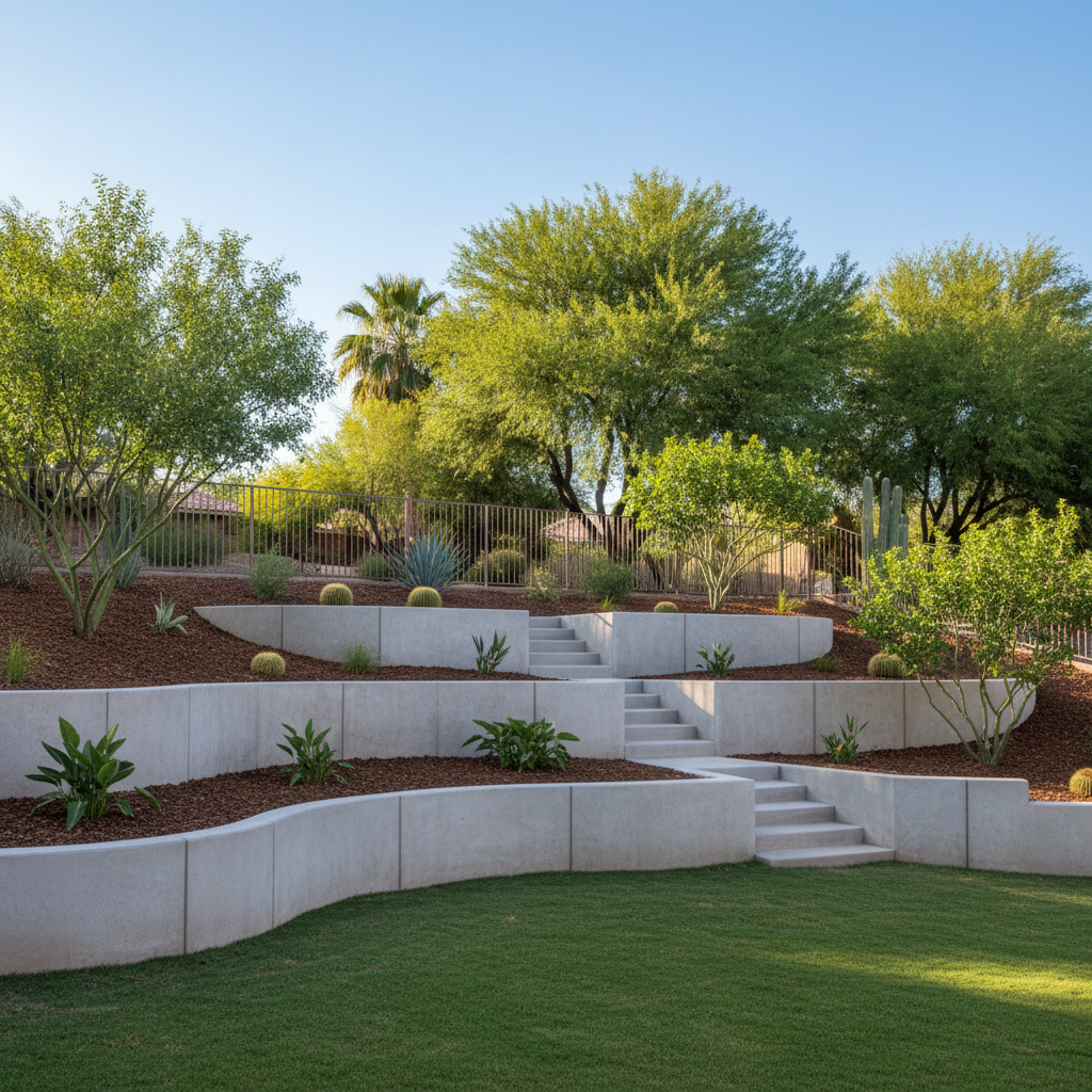 Completed concrete retaining walls work at a residential property in Glendale, AZ