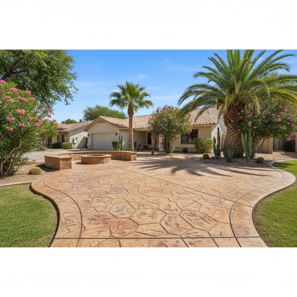 Completed stamped concrete work at a residential property in Laveen Village, AZ