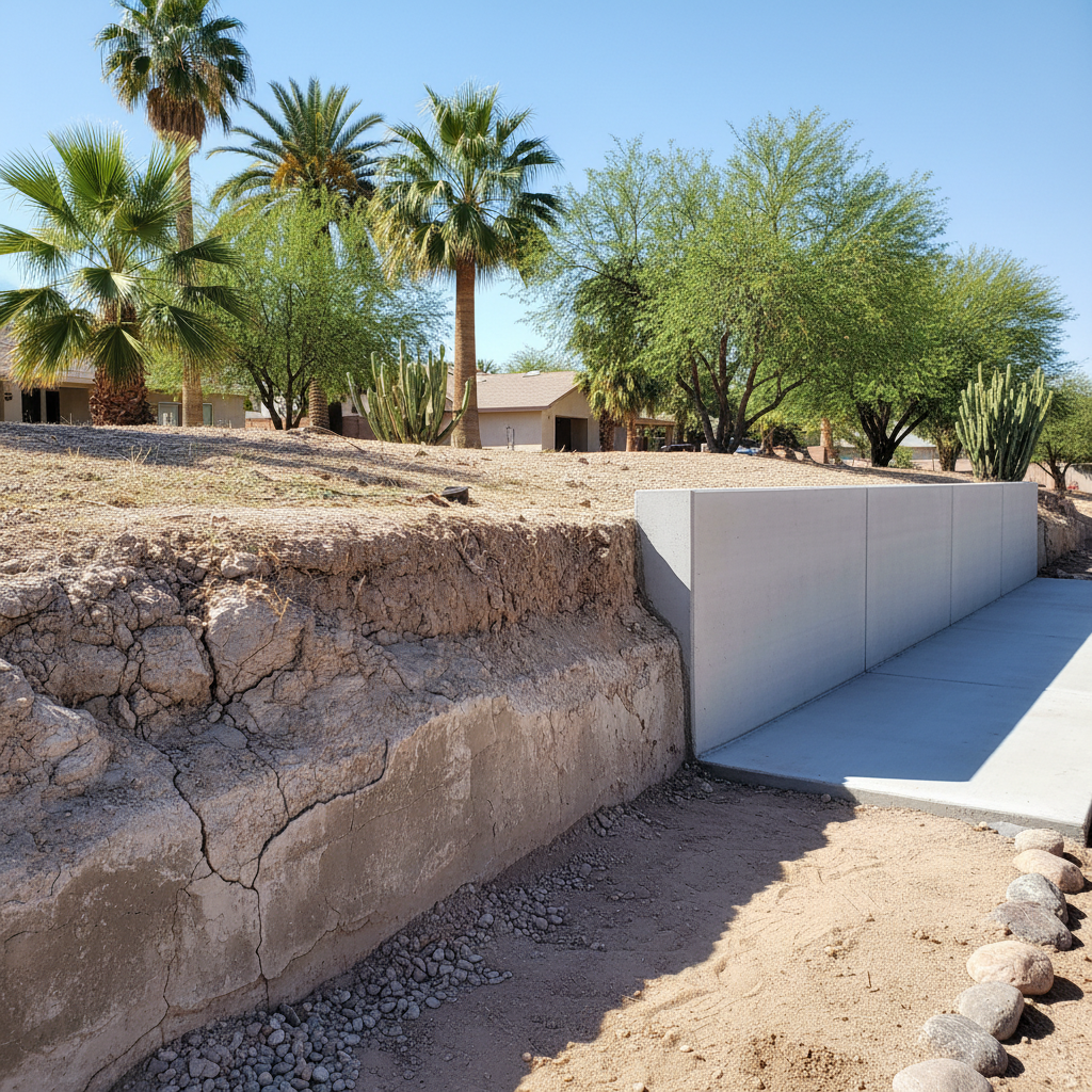Completed concrete retaining walls work at a residential property in Bullhead City, AZ