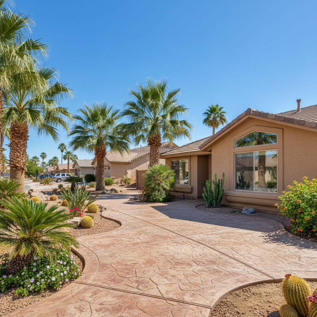 Completed stamped concrete work at a residential property in Bullhead City, AZ