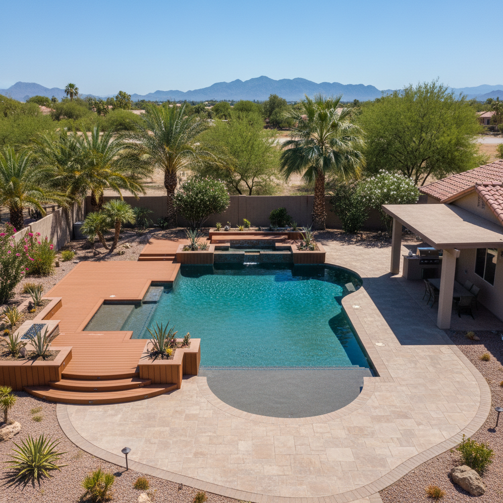 Completed pool decks work at a residential property in Chandler, AZ