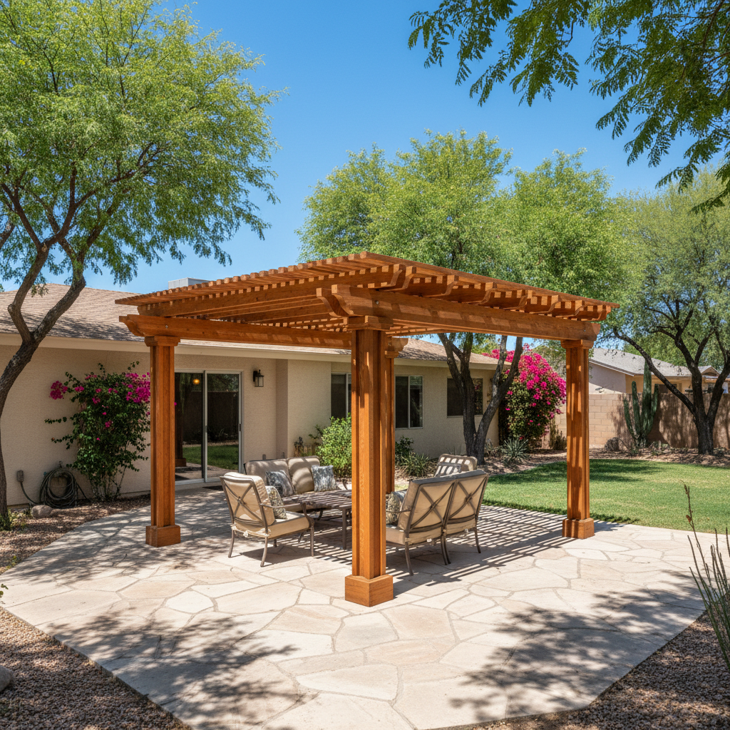 Completed pergola construction work at a residential property in El Mirage, AZ