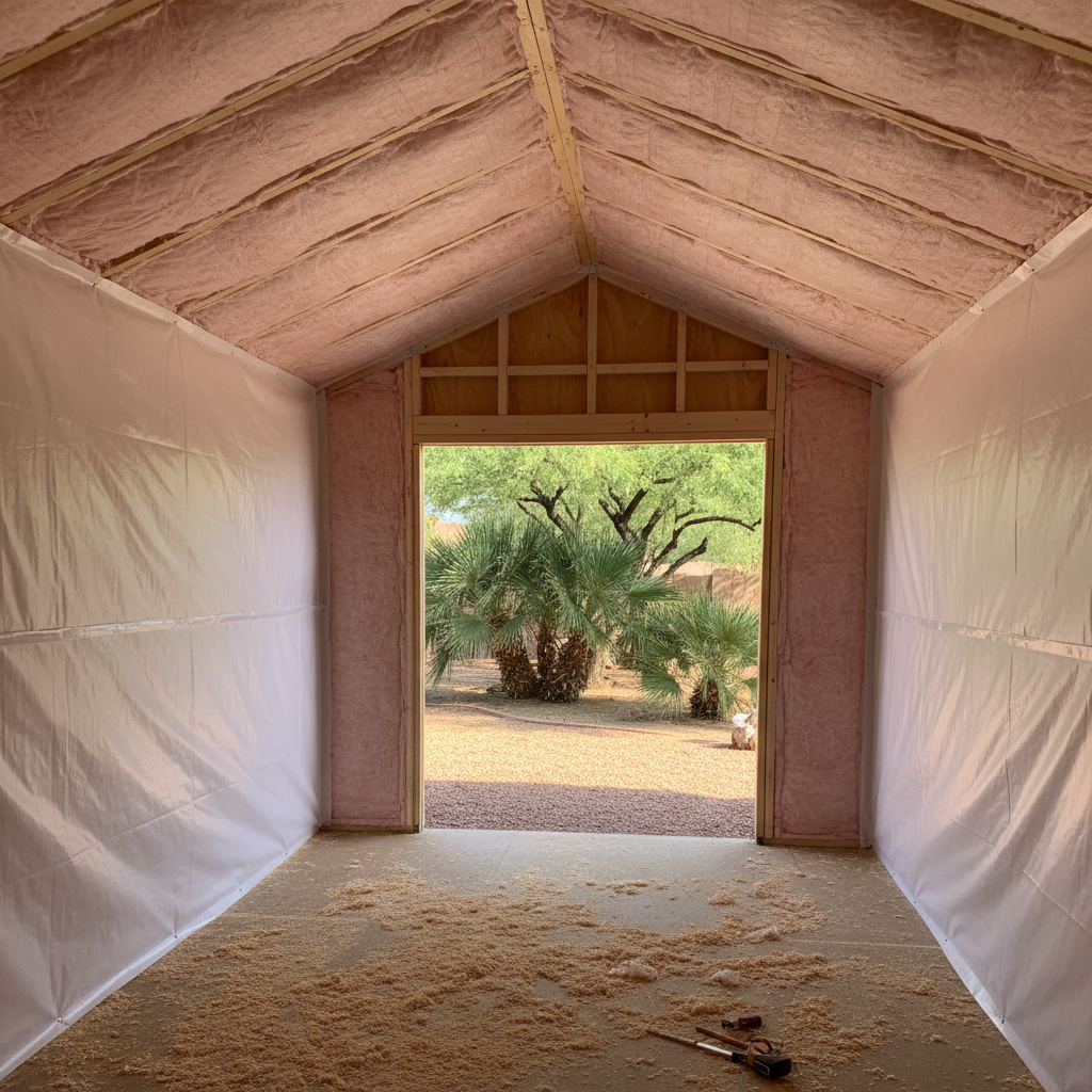 Completed shed insulation work at a residential property in Mesa, AZ