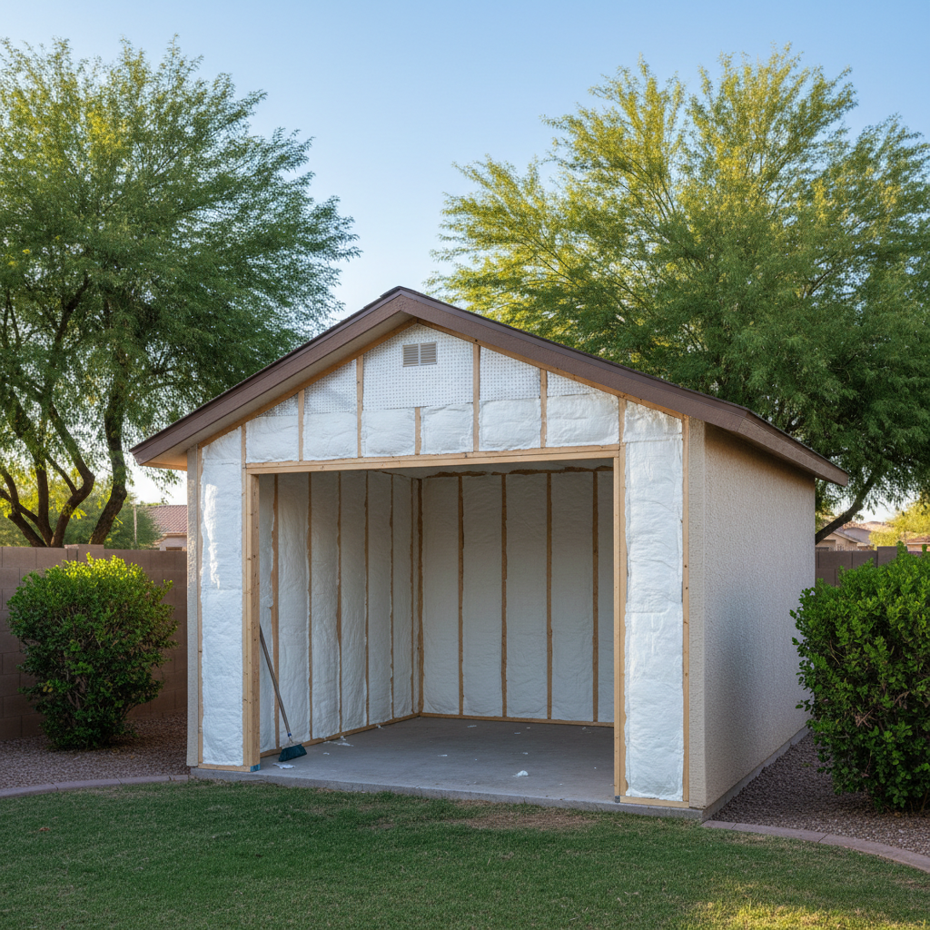 Completed shed insulation work at a residential property in Tempe, AZ