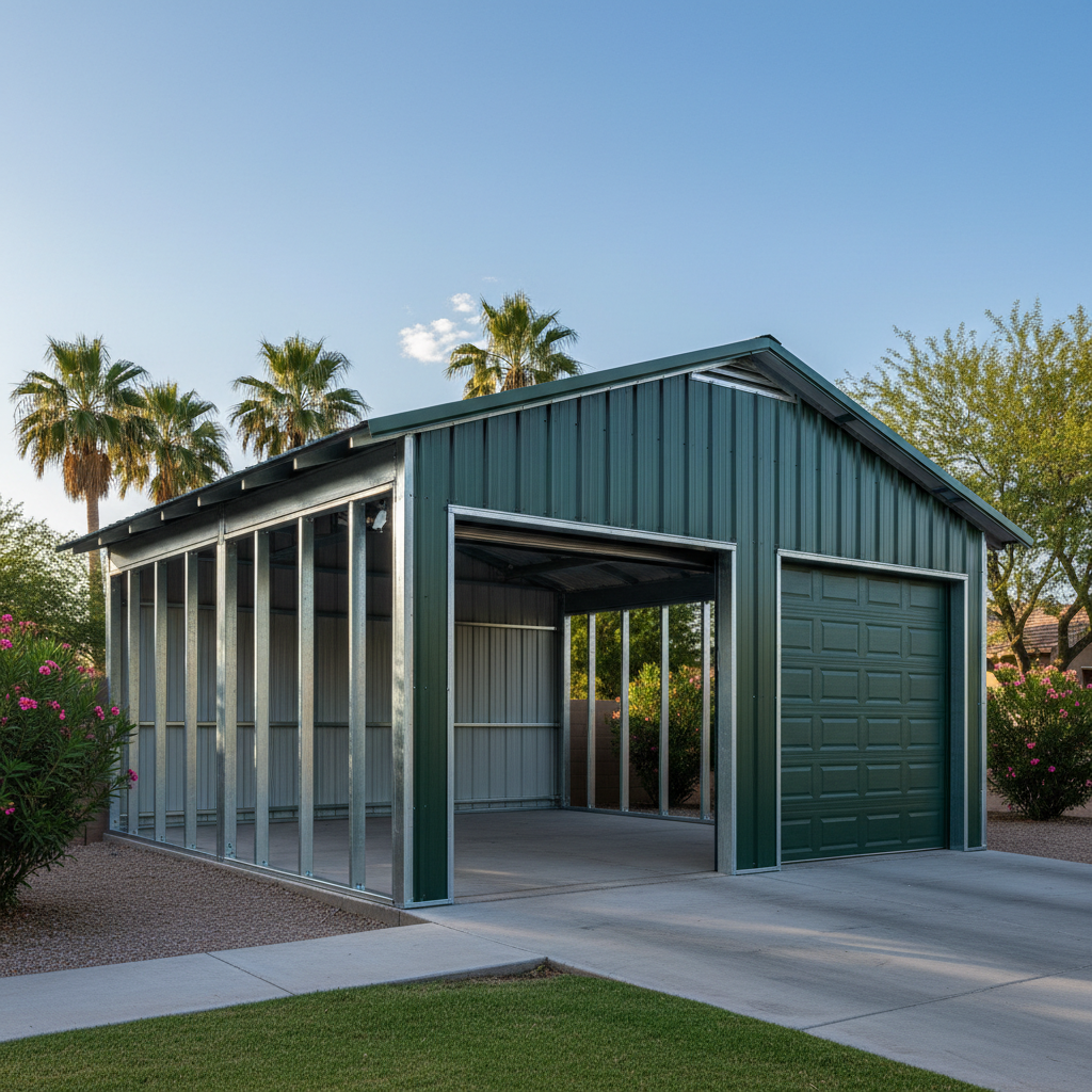 Completed metal frame garages work at a residential property in Avondale, AZ