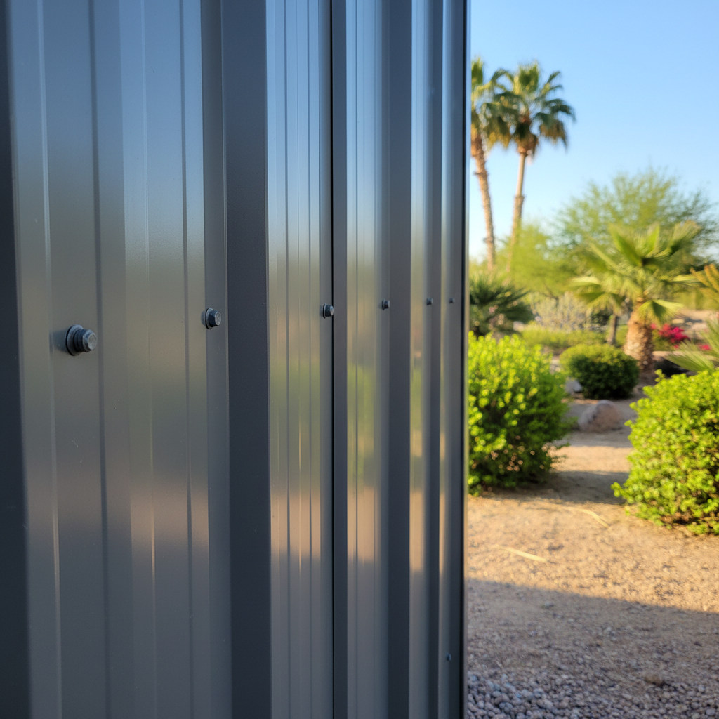 Completed metal frame garages work at a residential property in Mesa, AZ
