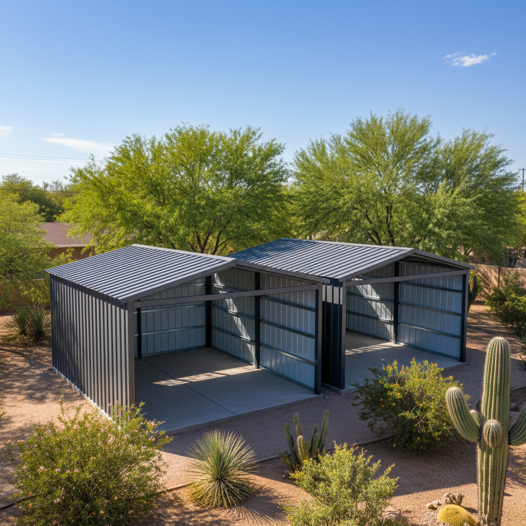 Completed metal frame sheds work at a residential property in Coolidge, AZ