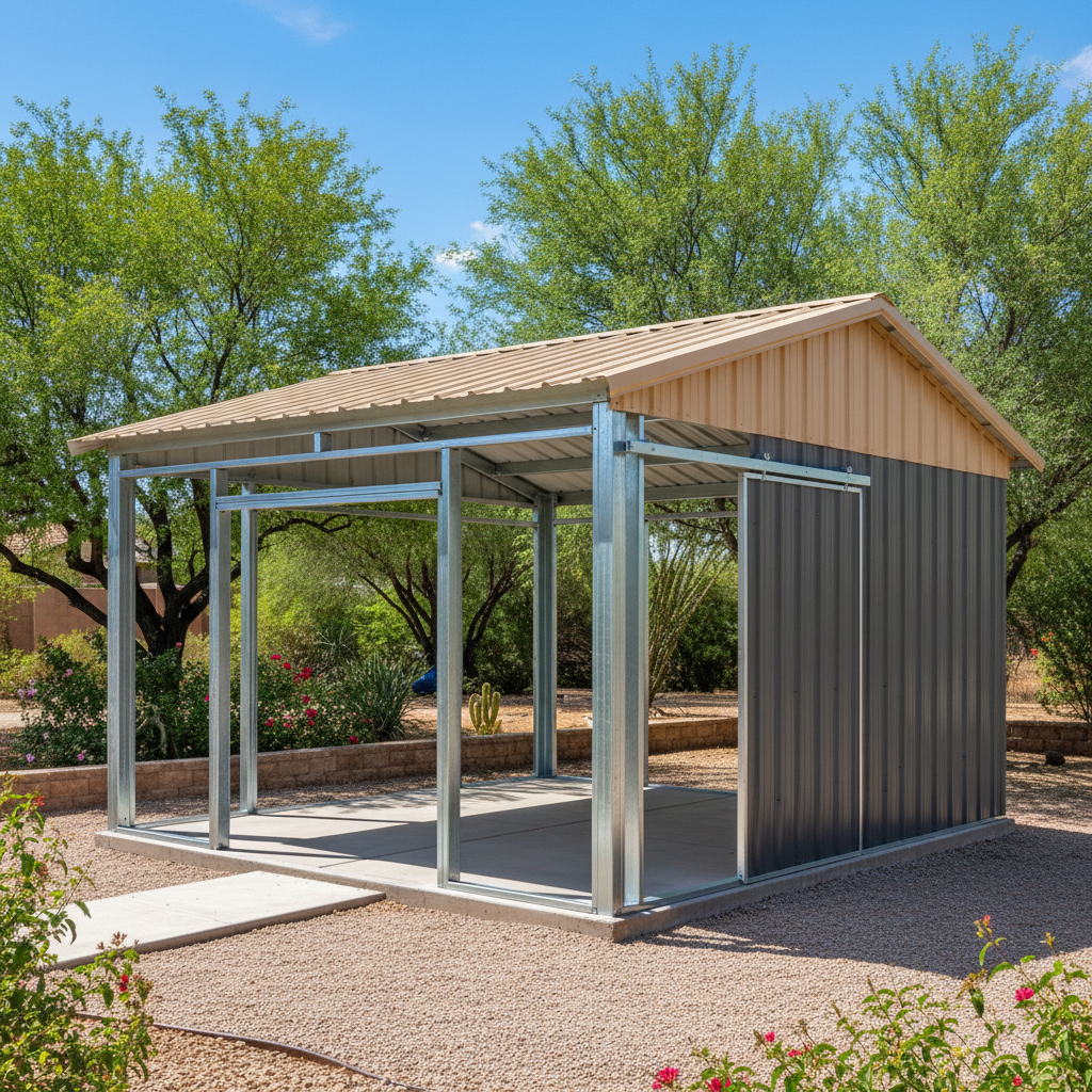 Completed metal frame sheds work at a residential property in Coolidge, AZ