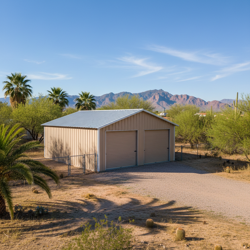 Completed metal frame garages work at a residential property in Apache Junction, AZ