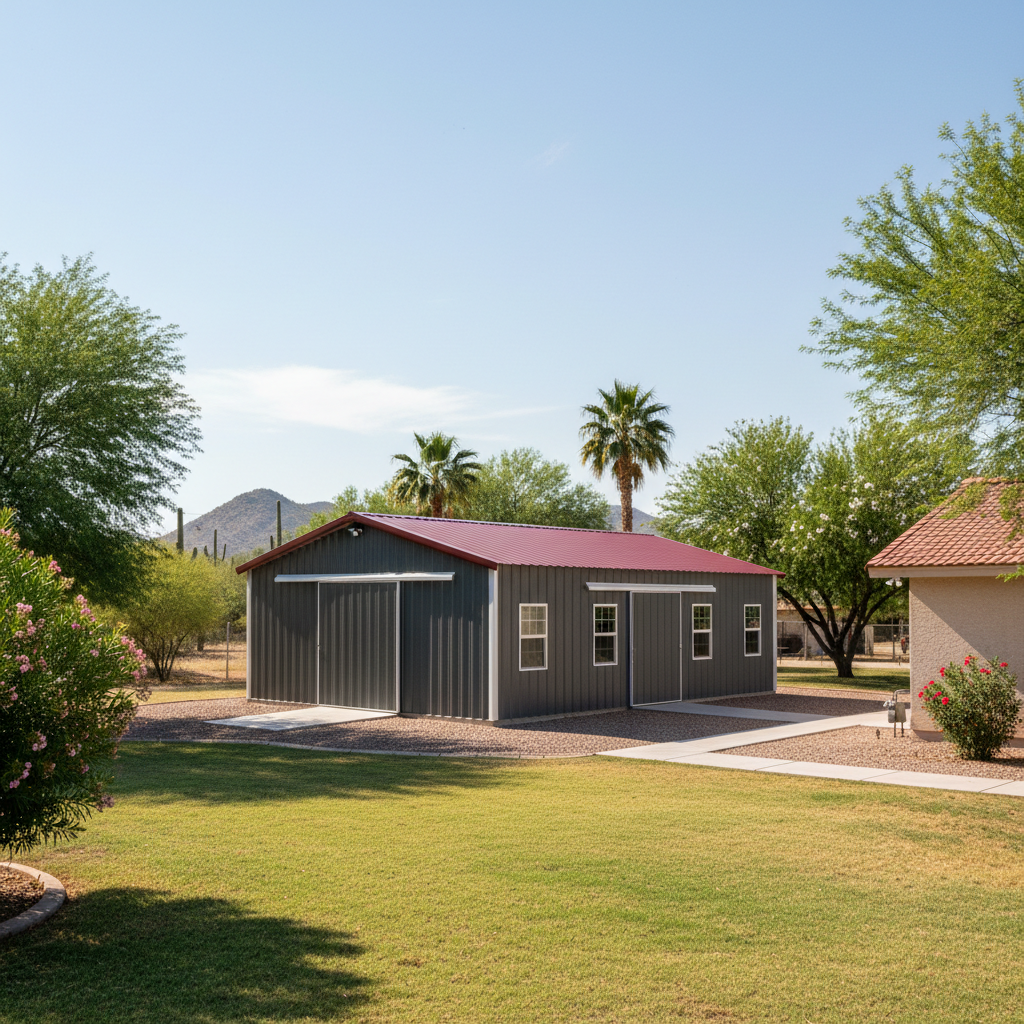 Completed metal post frame construction work at a residential property in Coolidge, AZ