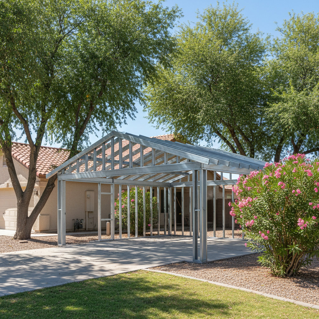 Completed metal frame garages work at a residential property in Glendale, AZ