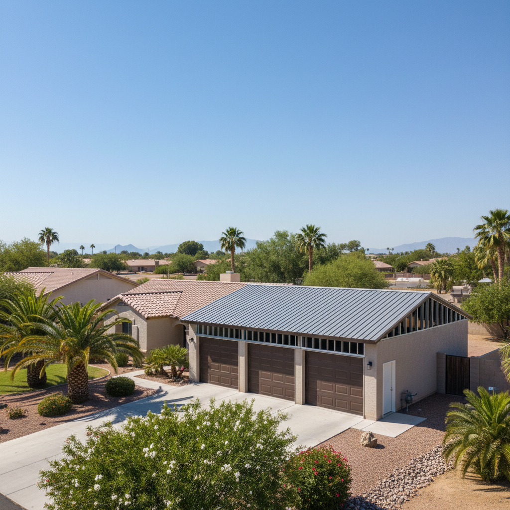 Completed metal frame garages work at a residential property in Glendale, AZ