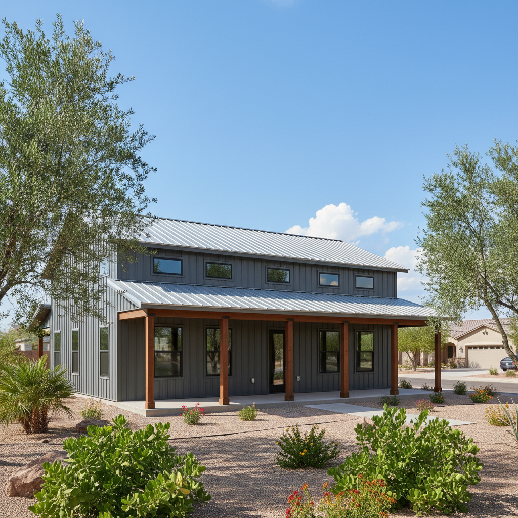 Completed metal barndominiums work at a residential property in Mesa, AZ