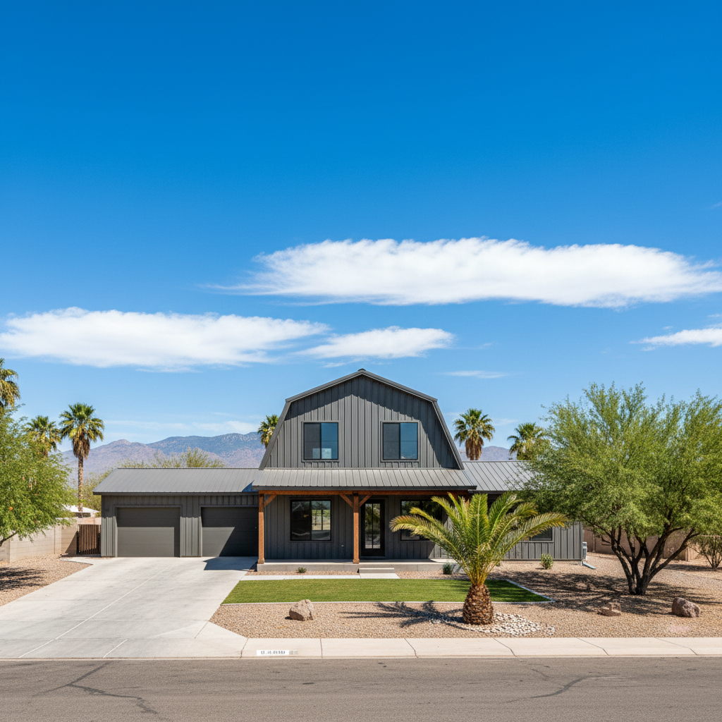 Completed metal barndominiums work at a residential property in Coolidge, AZ