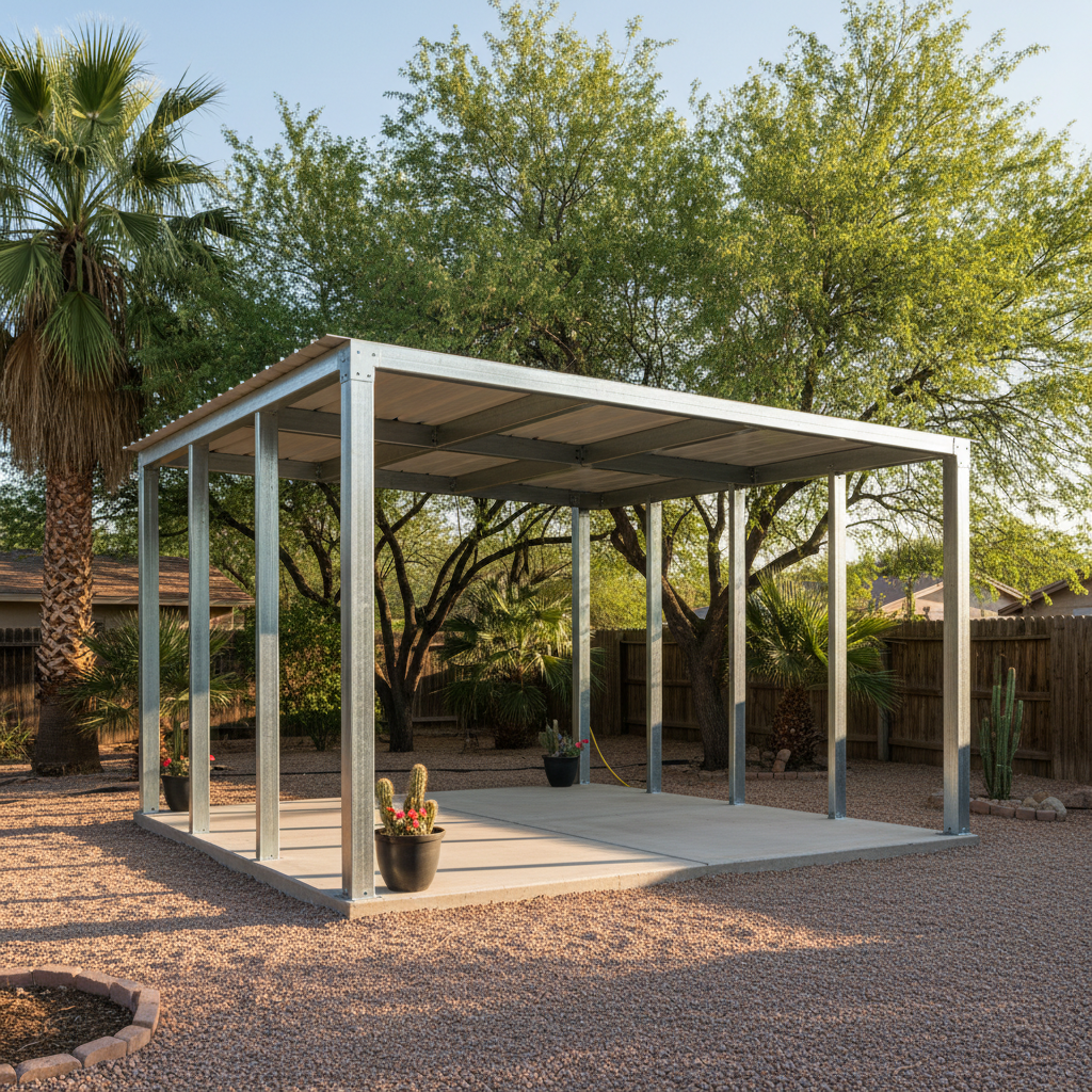 Completed metal frame sheds work at a residential property in Coolidge, AZ