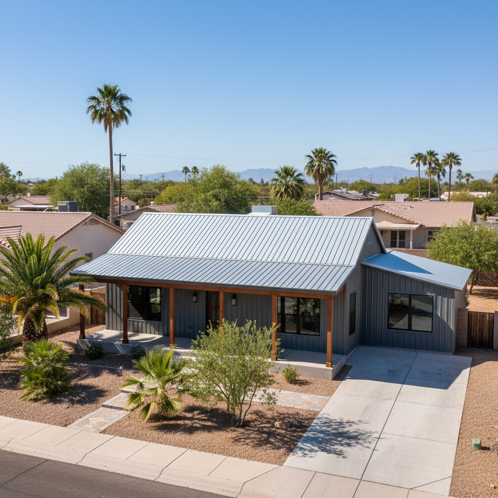 Completed metal barndominiums work at a residential property in Glendale, AZ