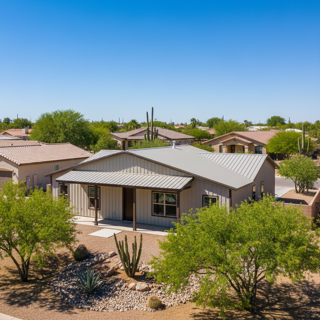 Completed metal post frame construction work at a residential property in Marana, AZ
