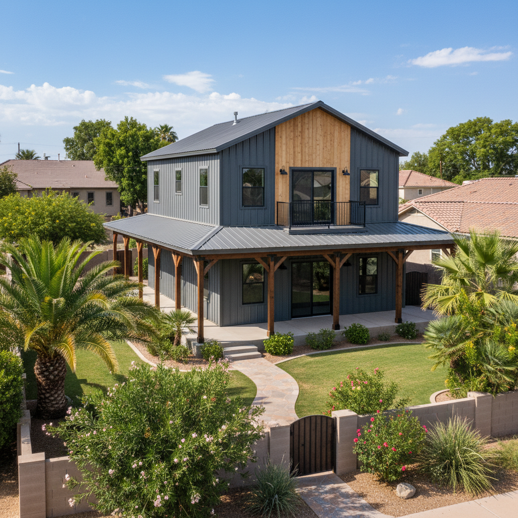 Completed metal barndominiums work at a residential property in Mesa, AZ