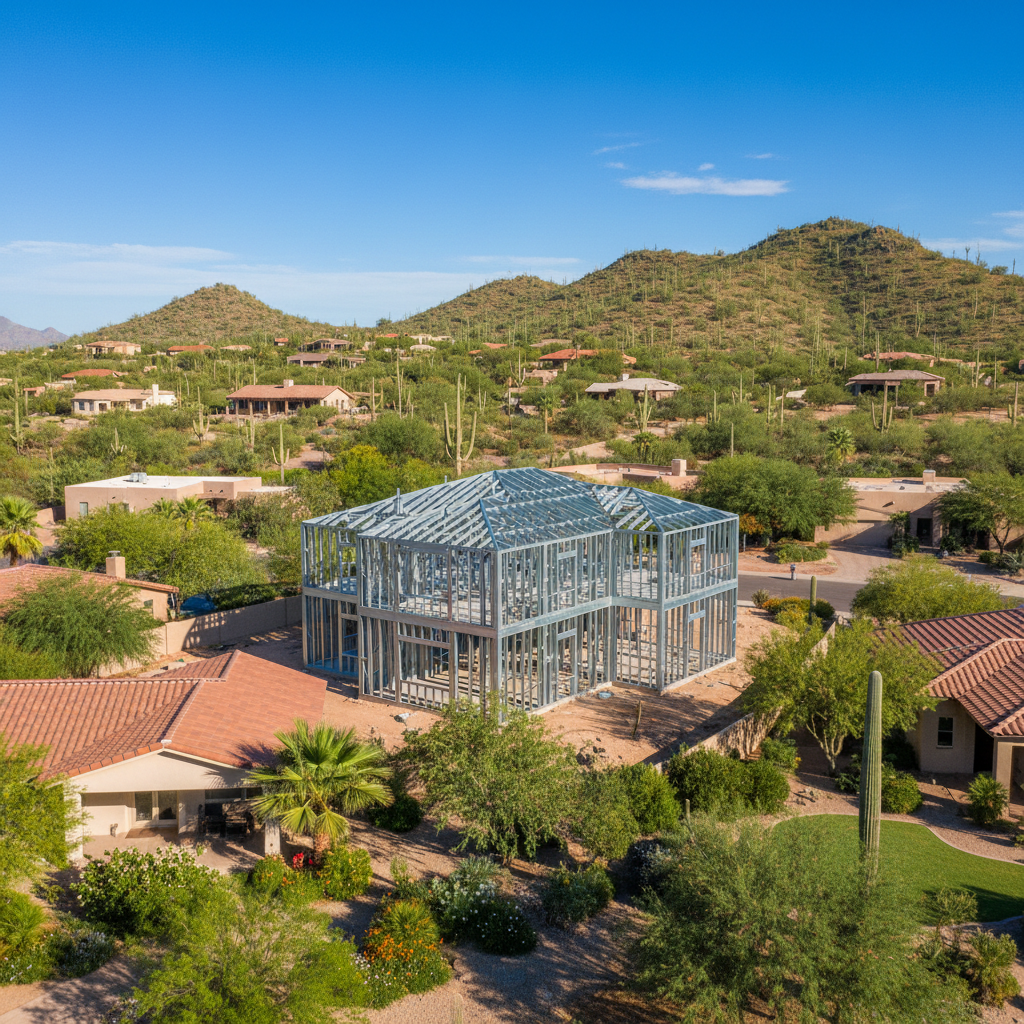 Completed steel frame erection work at a residential property in Marana, AZ