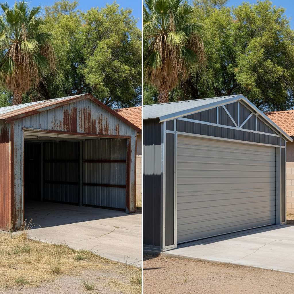 Completed metal frame garages work at a residential property in Glendale, AZ