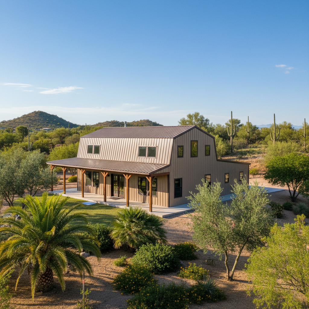 Completed metal barndominiums work at a residential property in Mesa, AZ