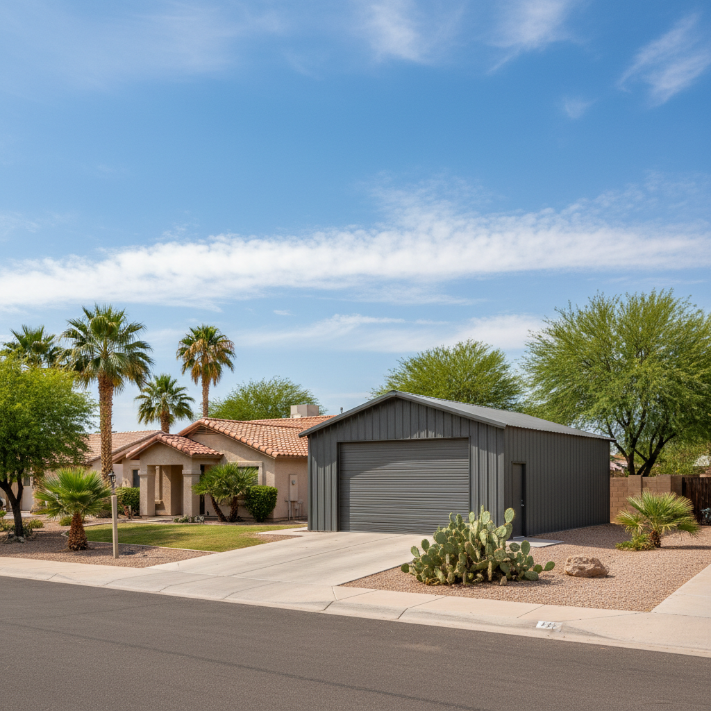 Completed metal building installation work at a residential property in Mesa, AZ