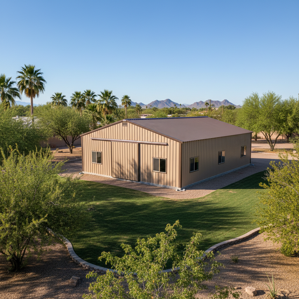 Completed metal pole barns work at a residential property in Mesa, AZ