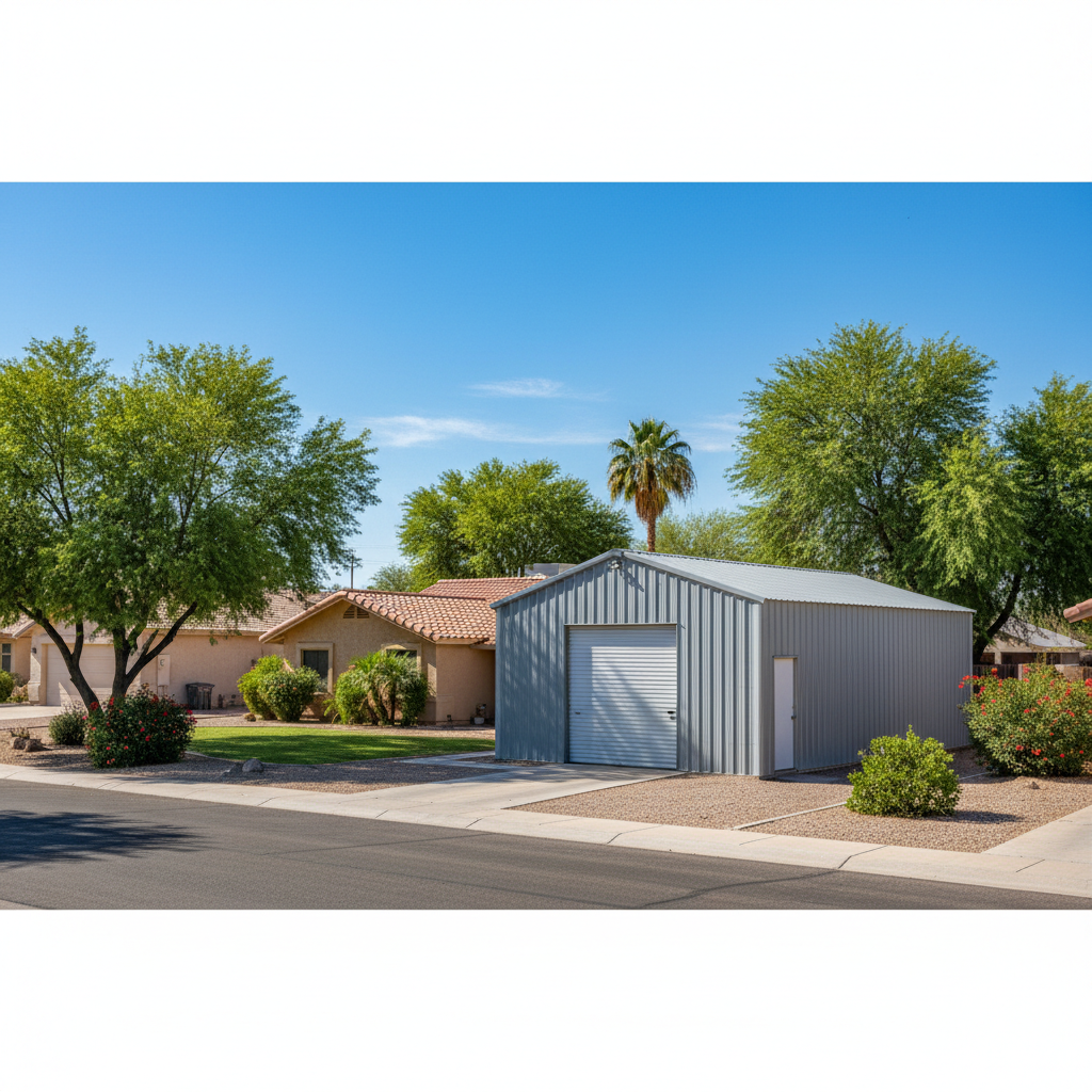 Completed metal pole barns work at a residential property in Mesa, AZ