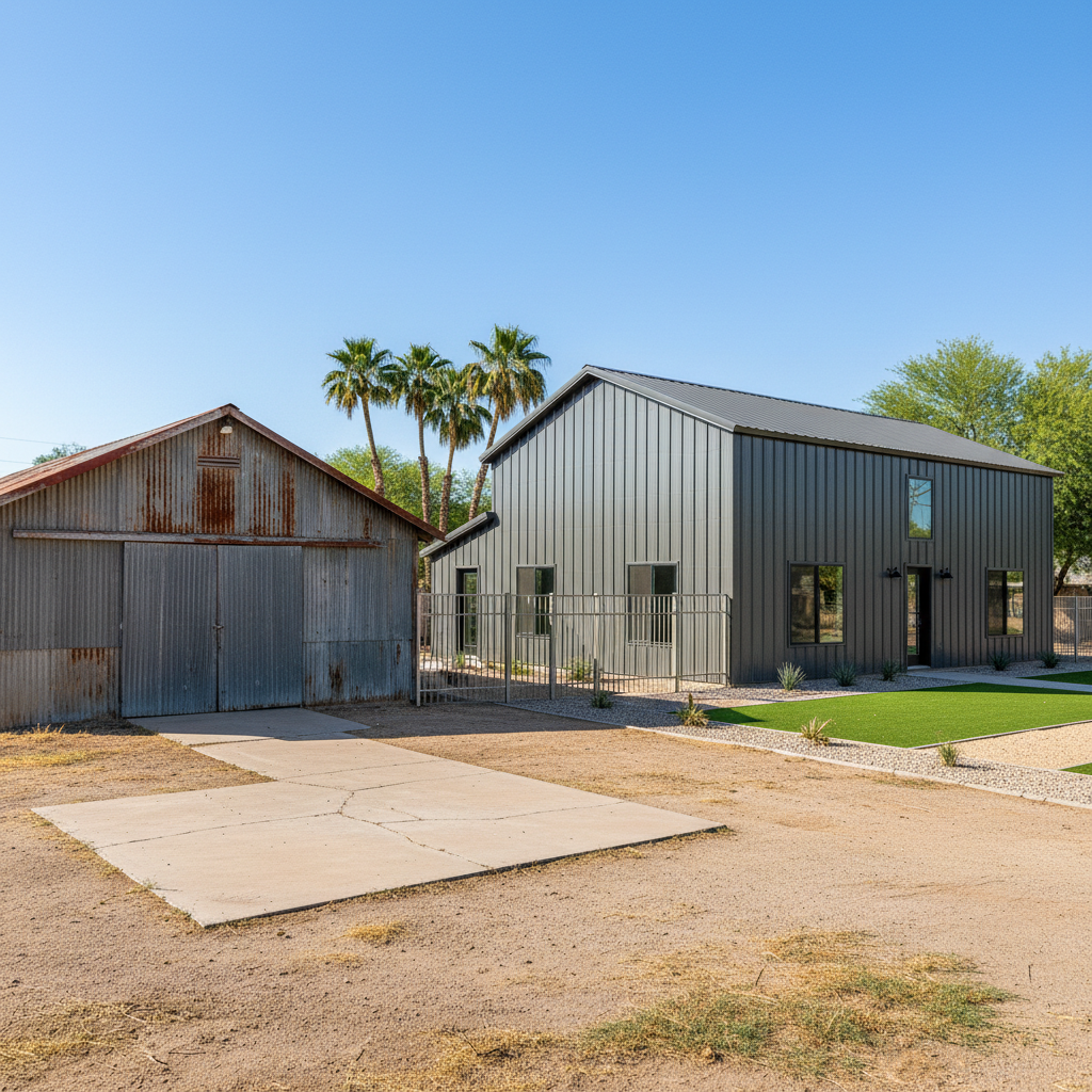 Completed metal barndominiums work at a residential property in Mesa, AZ