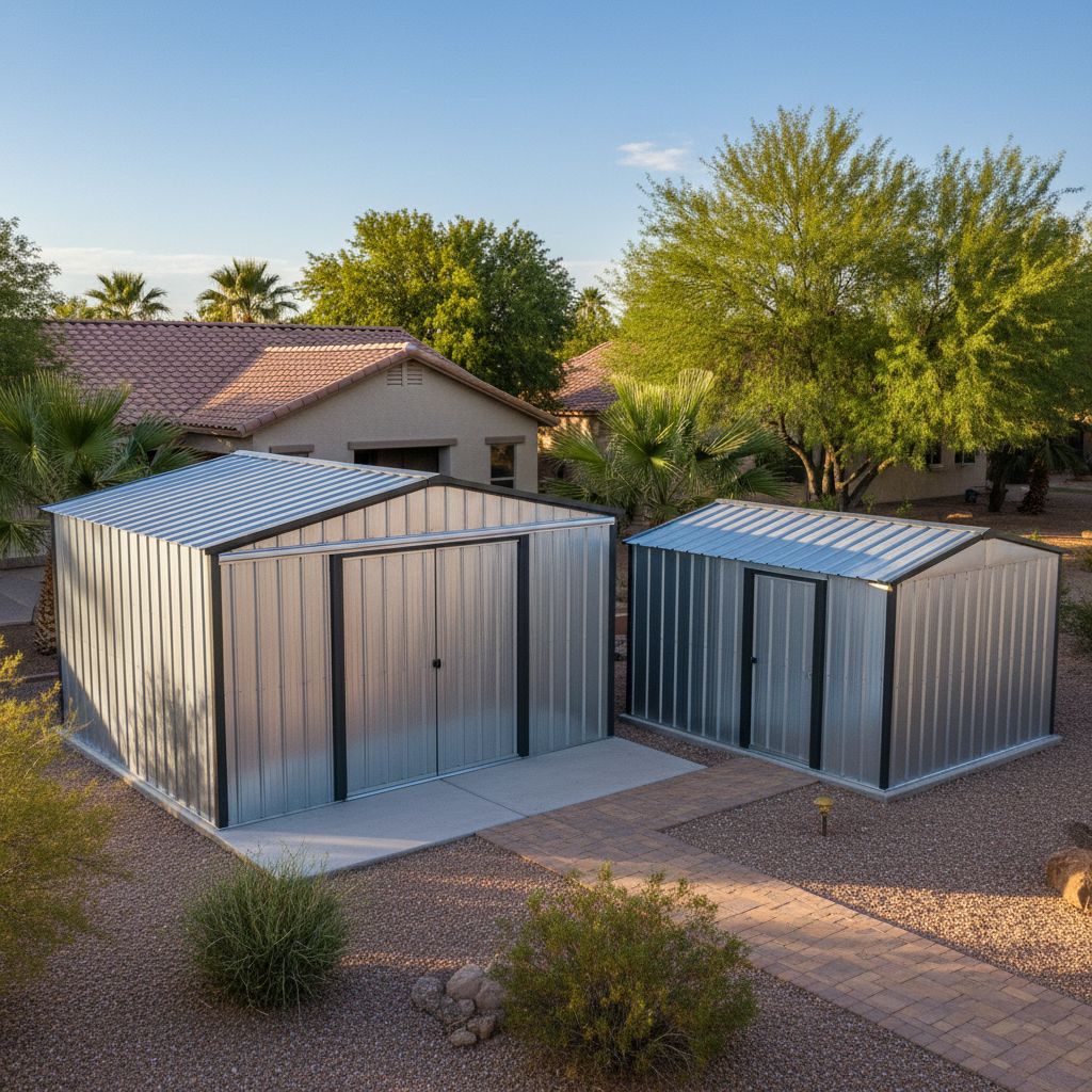 Completed metal frame sheds work at a residential property in Peoria, AZ