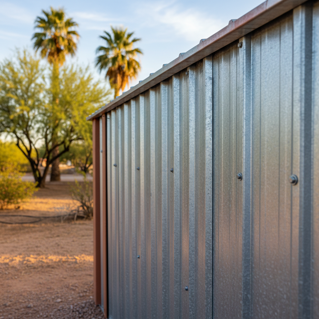 Completed metal frame sheds work at a residential property in Peoria, AZ
