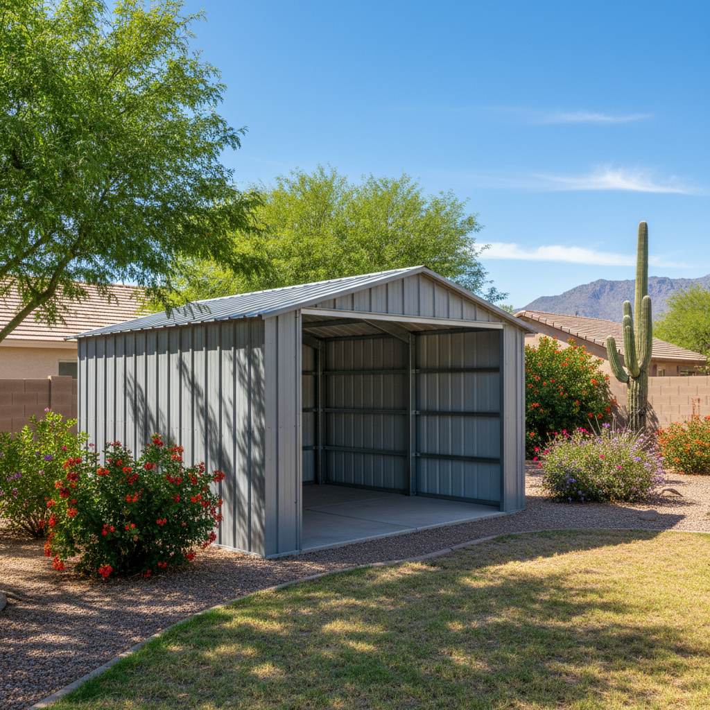 Completed metal frame sheds work at a residential property in Mesa, AZ