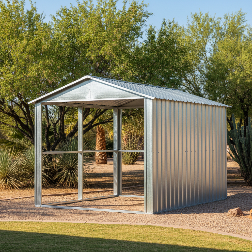 Completed metal frame sheds work at a residential property in Mesa, AZ