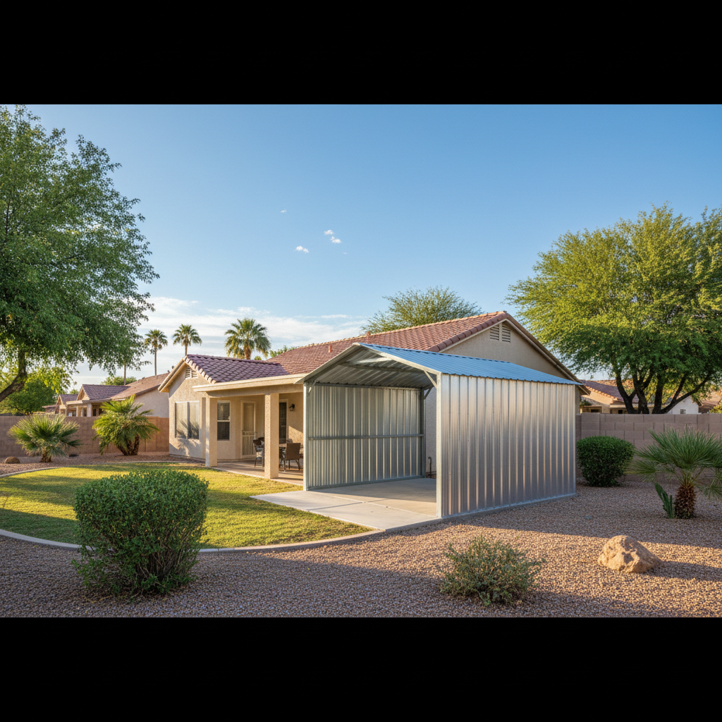 Completed metal frame sheds work at a residential property in El Mirage, AZ