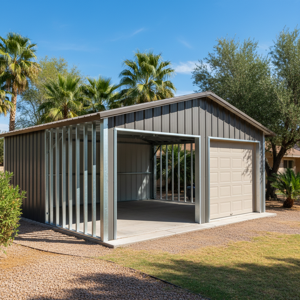 Completed metal frame garages work at a residential property in Chandler, AZ