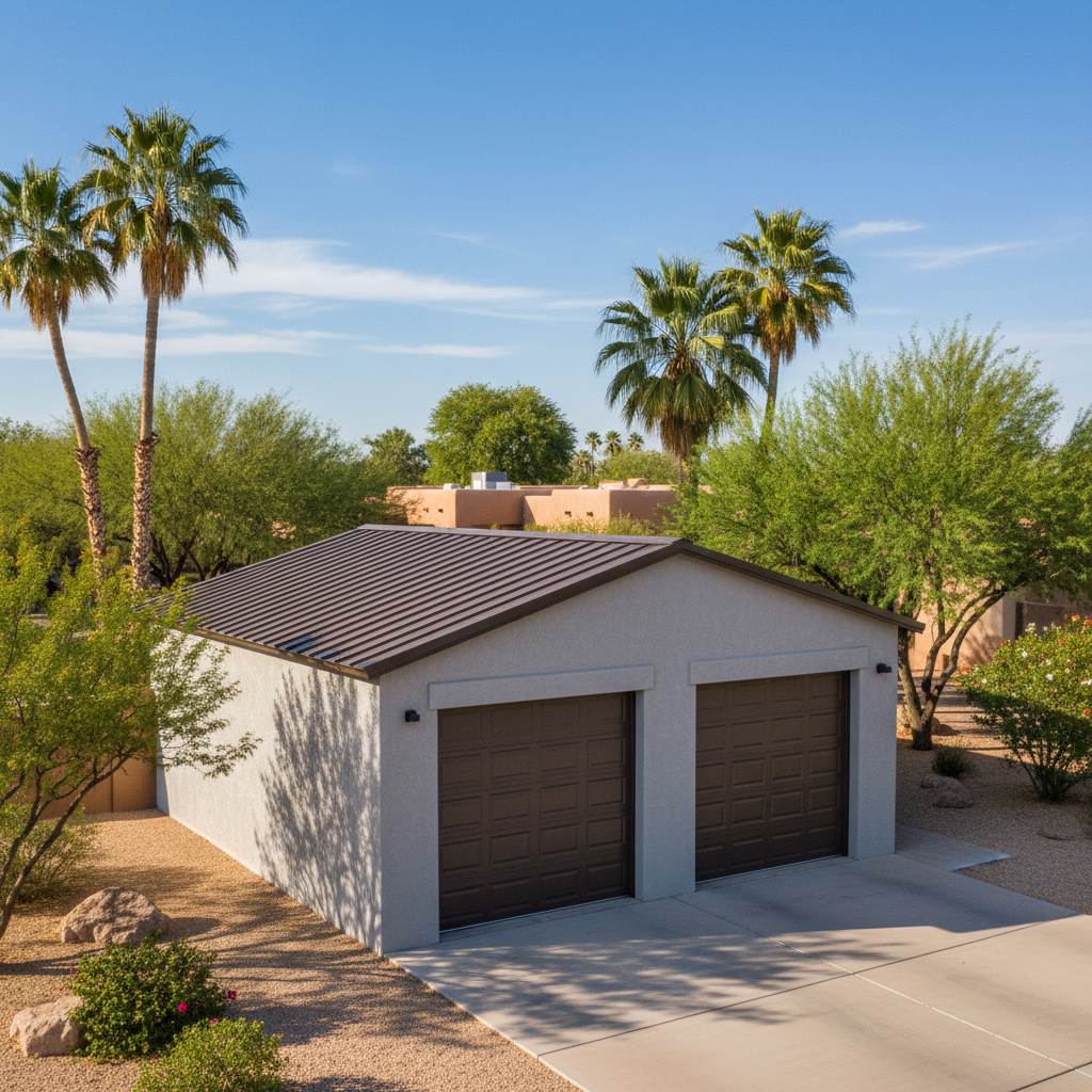 Completed metal frame garages work at a residential property in Chandler, AZ