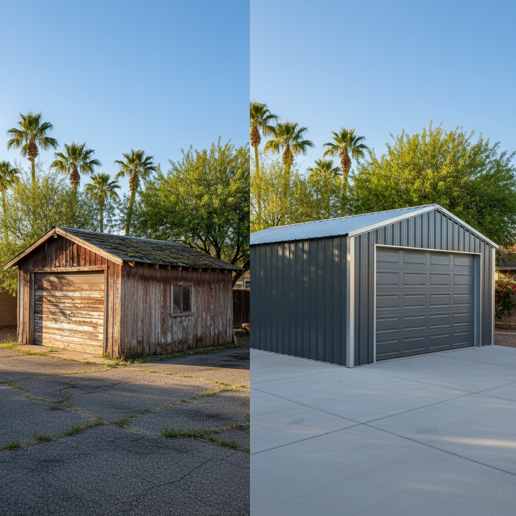 Completed metal frame garages work at a residential property in Peoria, AZ